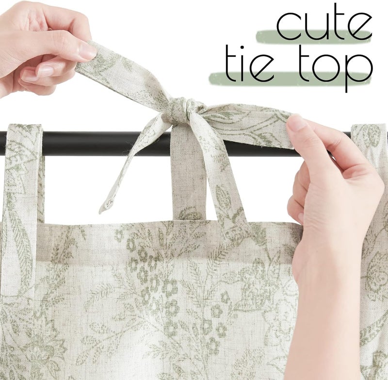 jinchan Linen Kitchen Curtains Floral Printed Tier Curtains 24 Inch Length Farmhouse Cafe Drapes for Small Windows Tie Top Botanic for Country Laundry Room Bathroom RV 2 Panels Sage Green on Beige - Image 2